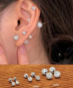 3 Pairs Surgical Stainless Steel Full Cubic Zirconia Ball Stud Earrings Set For Women, Girls Cute Shiny CZ