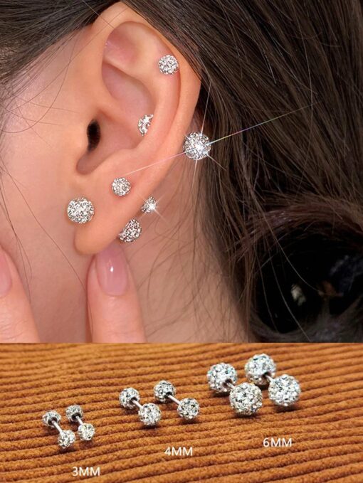 3 Pairs Surgical Stainless Steel Full Cubic Zirconia Ball Stud Earrings Set For Women, Girls Cute Shiny CZ