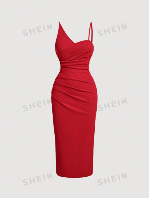 SHEIN MOD Ladies' Solid Color Asymmetric Collar & Pleated Hem Dress
