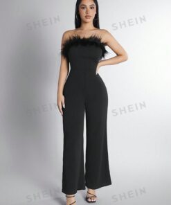 SHEIN PETITE Solid Color Splicing Frayed Edge Strapless Jumpsuit