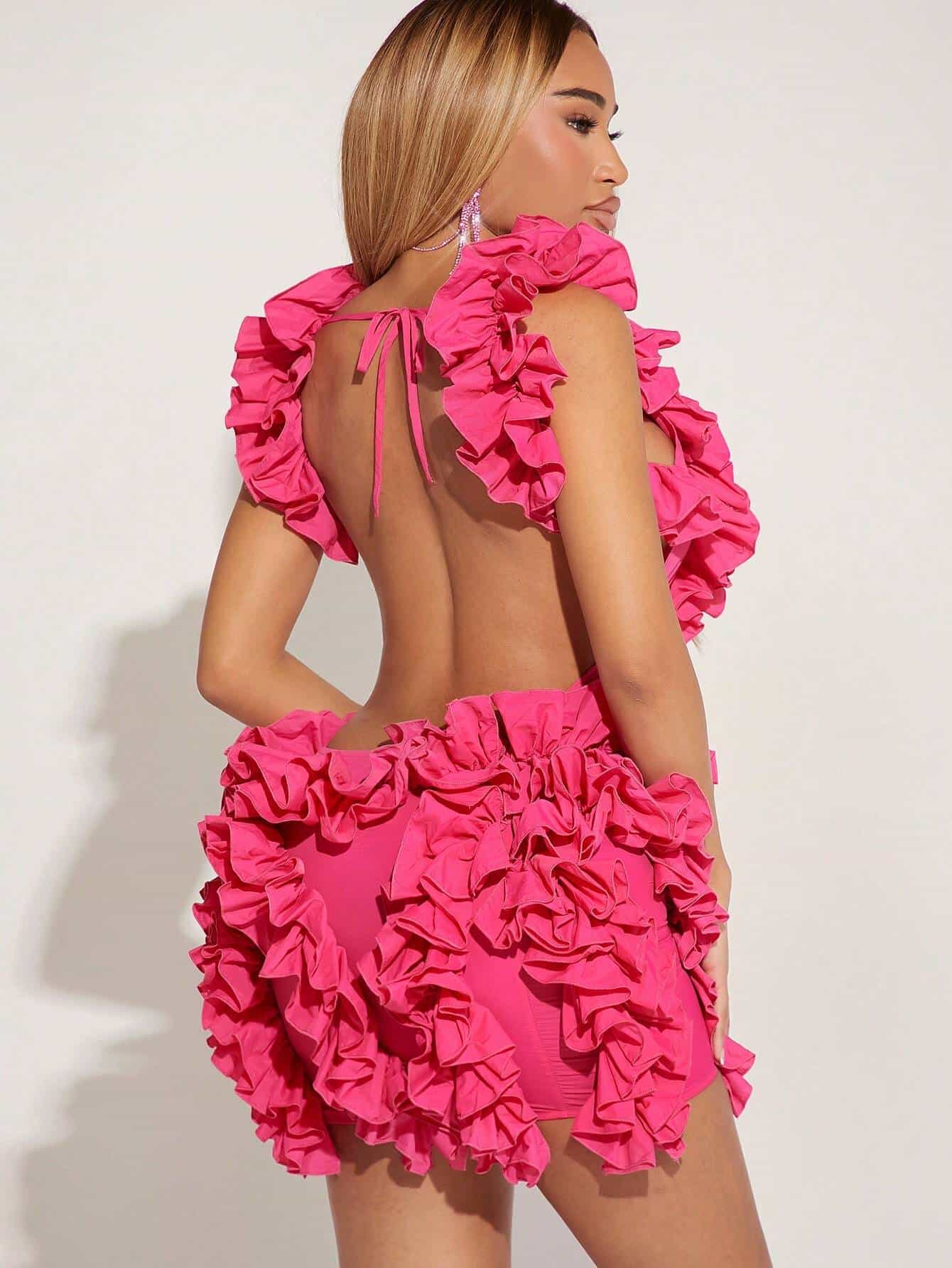 SHEIN SXY Pink Knitted Multi-Layer Ruffle Hem Detail Sleeveless Backless Dress - Image 2