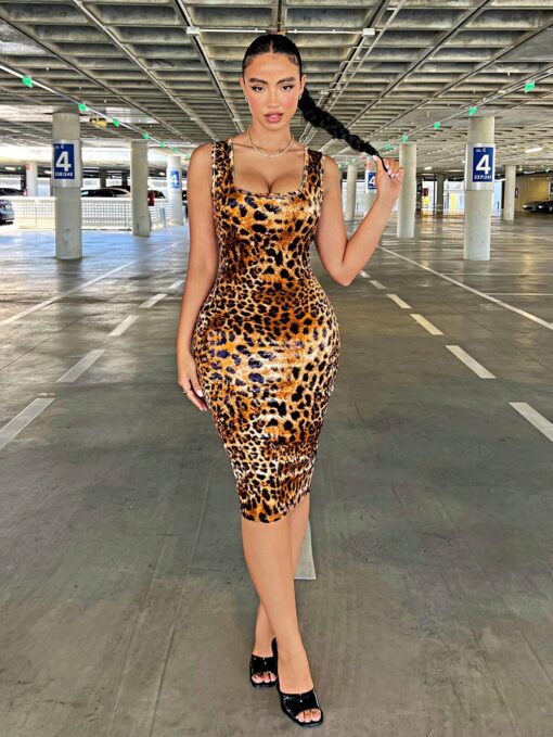 SHEIN SXY Women'S Sexy Leopard Print Wide Strap Bodycon Dress Sexy Outfits Club Birthday Outfit Spring Women Clothes Prom Dress Valentine Day Dress Date Night Dress Bachelorette Party