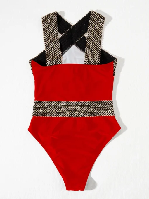 SHEIN Stitch Detail Cross One Piece Swimsuit - Image 2