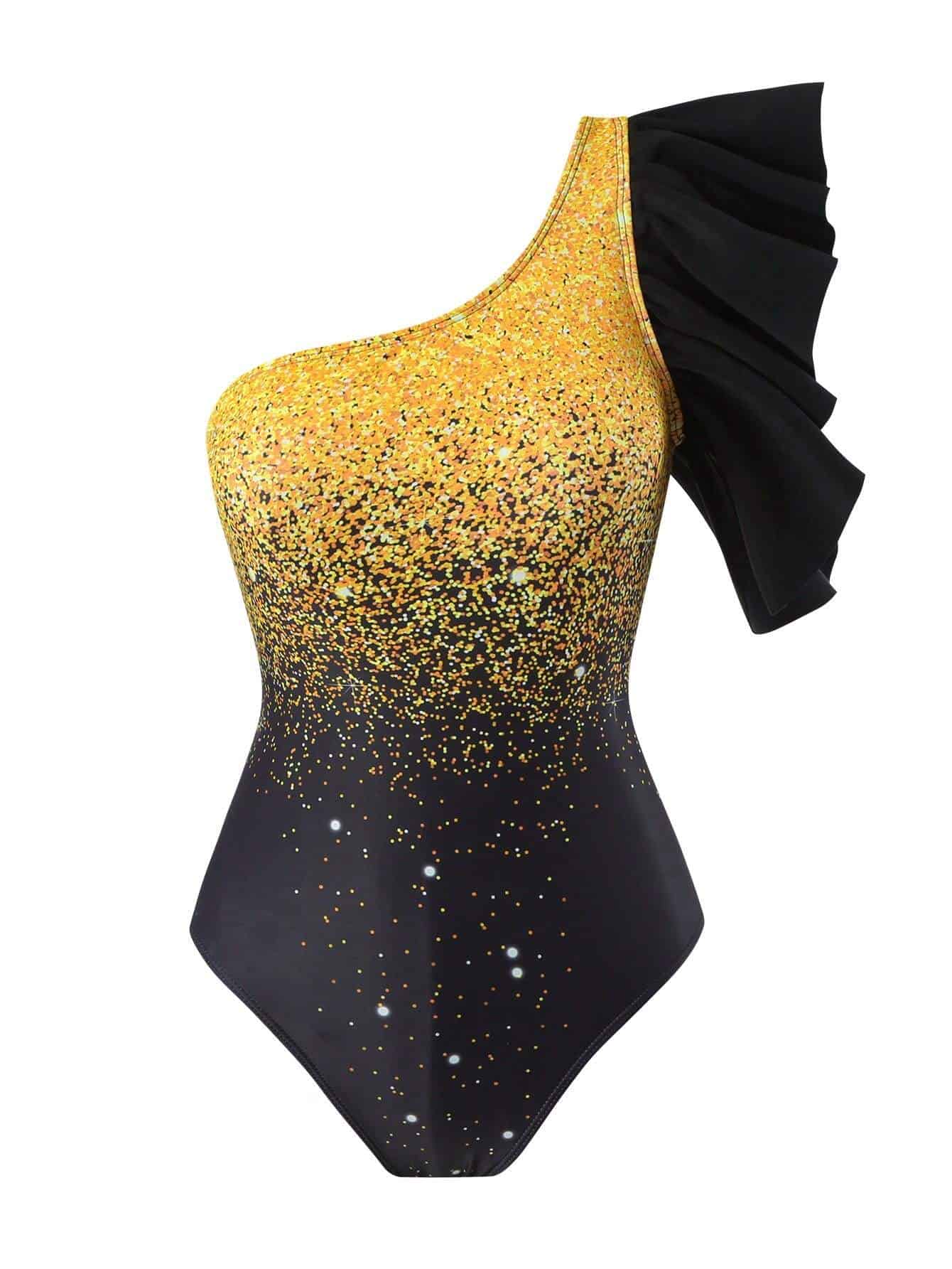 SHEIN Ladies' Printed Colorblock One Piece Swimsuit With Ruffle Hemline - Image 3