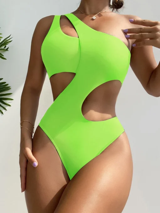 SHEIN Neon Lime Cut Out One Shoulder One Piece Swimsuit