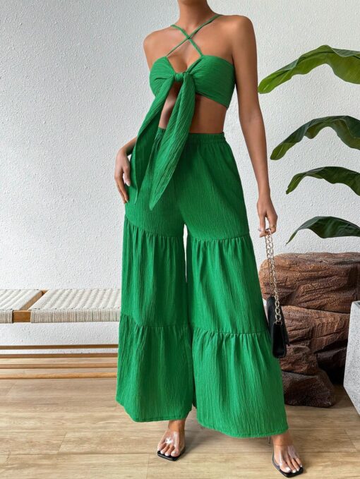 SHEIN Frenchy Halter Top And Wide-Leg Pants With Ruffle Hem - Image 3