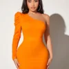 SHEIN SXY Women's Solid Color Asymmetrical Neckline Leg Of Mutton Sleeve Dress