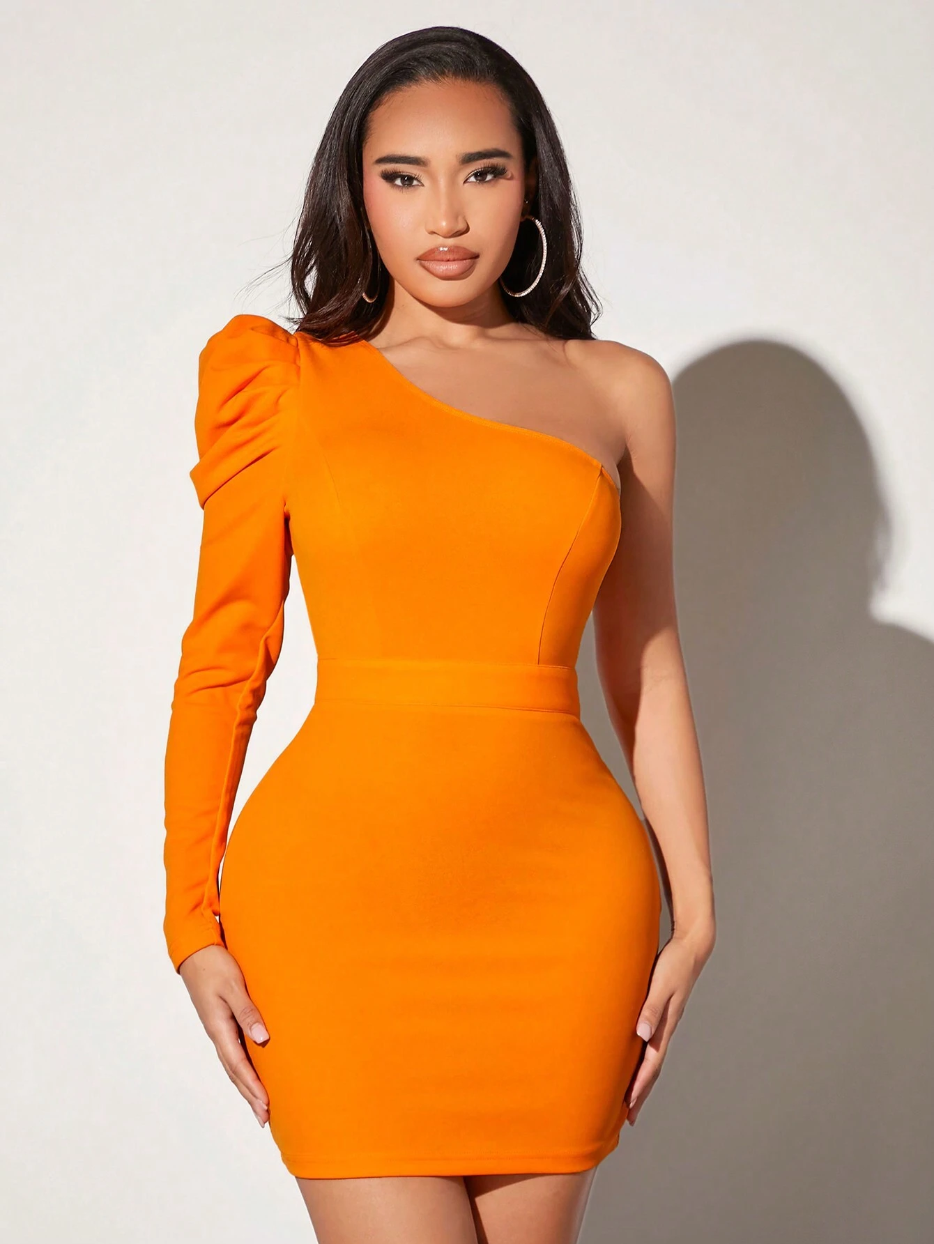 SHEIN SXY Women s Solid Color Asymmetrical Neckline Leg Of Mutton Sleeve Dress Pink Shop