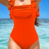 SHEIN Swim Chicsea Women Fashionable Solid Color One-Piece Swimwear With Floral Lace Design For Beach Vacation