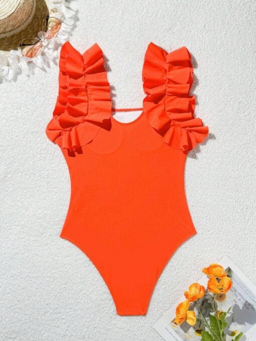 SHEIN Swim Chicsea Women Fashionable Solid Color One-Piece Swimwear With Floral Lace Design For Beach Vacation - Image 2