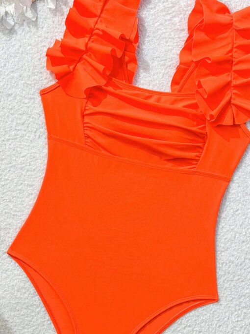 SHEIN Swim Chicsea Women Fashionable Solid Color One-Piece Swimwear With Floral Lace Design For Beach Vacation - Image 3