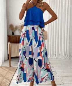 Women'S Halter Top And Full Printed Wide Leg Pants Set