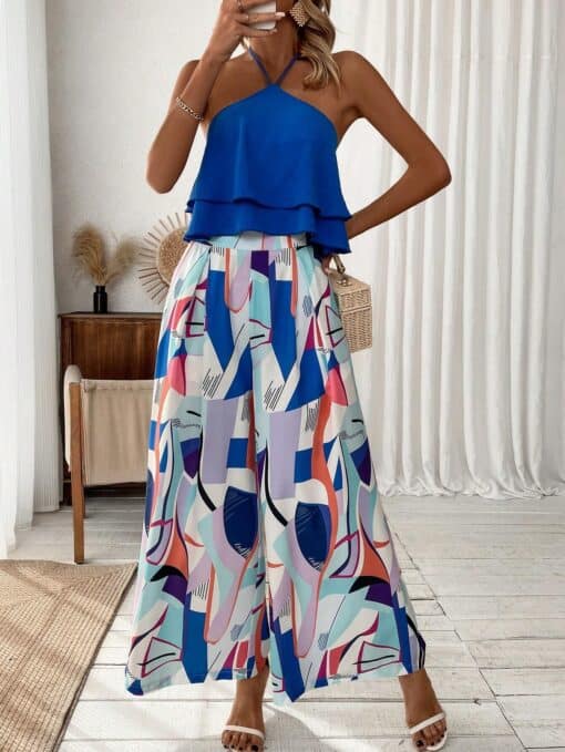 Women'S Halter Top And Full Printed Wide Leg Pants Set