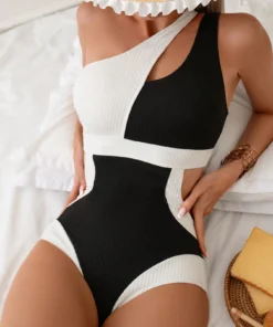 SHEIN Women's Casual Fashionable Matelassé Fabric One Shoulder Sleeveless Monokini With Black And White Color Blocking Design