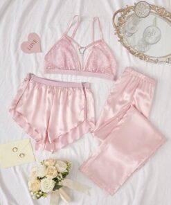 SHEIN 3pcs/Set Lace Camisole Top, Satin Shorts & Pants Pajama Set