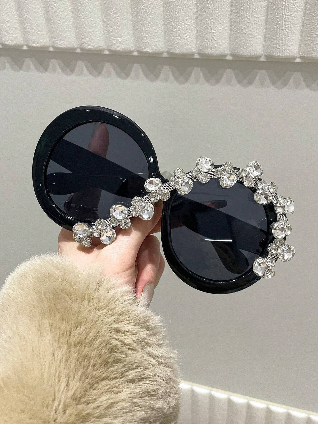 SHEIN Oversized Round Frame Cross Diamond Handmade Sun Glasses Personality Trendy - Image 2