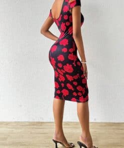 SHEIN Slayr Women's Cold-Shoulder Slim Fit Rose Printed Dress