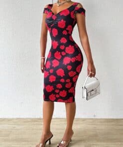 SHEIN Slayr Women's Cold-Shoulder Slim Fit Rose Printed Dress