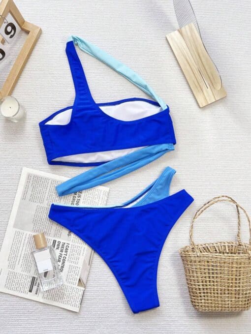 SHEIN Swim Contrast Color One Shoulder Bikini Set Without Wire For Summer Beach Swimming - Image 2