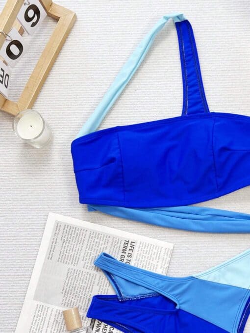 SHEIN Swim Contrast Color One Shoulder Bikini Set Without Wire For Summer Beach Swimming - Image 3