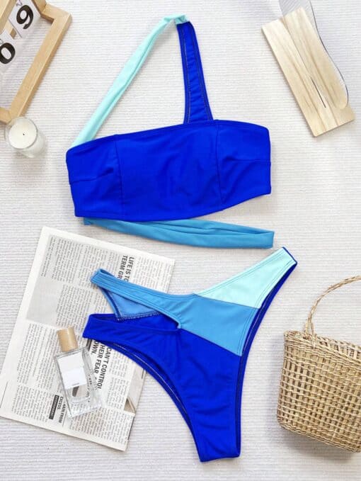 SHEIN Swim Contrast Color One Shoulder Bikini Set Without Wire For Summer Beach Swimming - Image 4