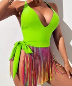 SHEIN Fringe Hem One Piece Swimsuit With Beach Skirt