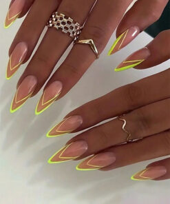 SHEIN 24pcs Y2K Full Cover Almond Acrylic Fake Nails, Glossy Nude Base Nails With Yellow
