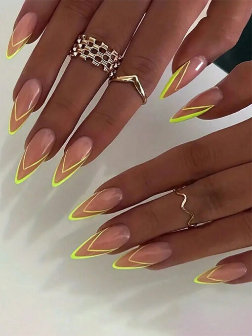 SHEIN 24pcs Y2K Full Cover Almond Acrylic Fake Nails, Glossy Nude Base Nails With Yellow
