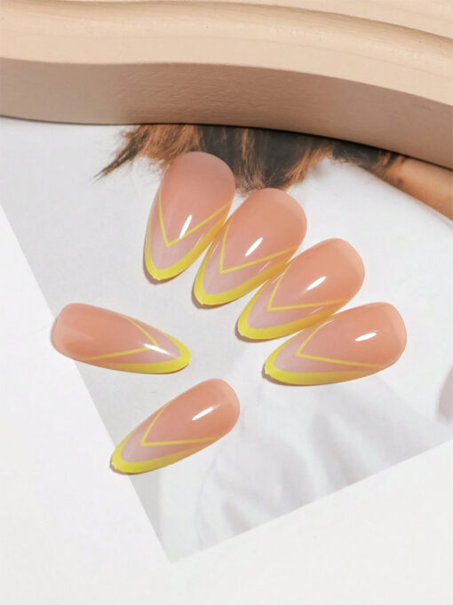 SHEIN 24pcs Y2K Full Cover Almond Acrylic Fake Nails, Glossy Nude Base Nails With Yellow - Image 4