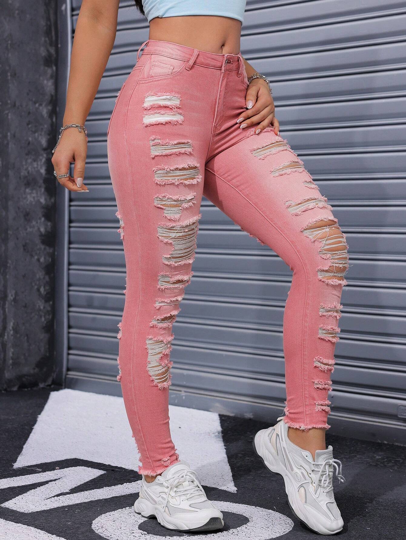SHEIN Essnce Women Ripped Distressed Frayed Hem Washed Skinny Fashion Jeans - Image 4