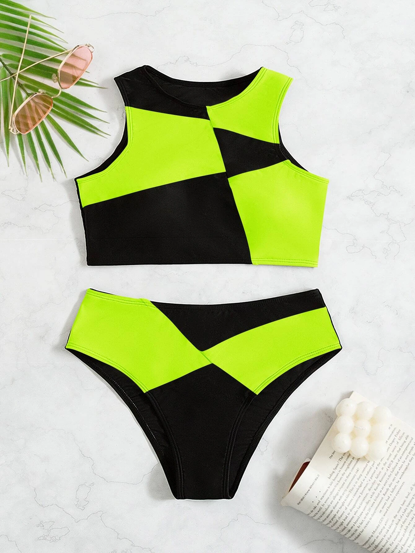 SHEIN Swim Summer Beach Neon Colorblock Bikini Set, Including Wireless Tank Top & High Waisted Bikini Bottom 2 Piece Swimsuit Bathing Suit - Image 3