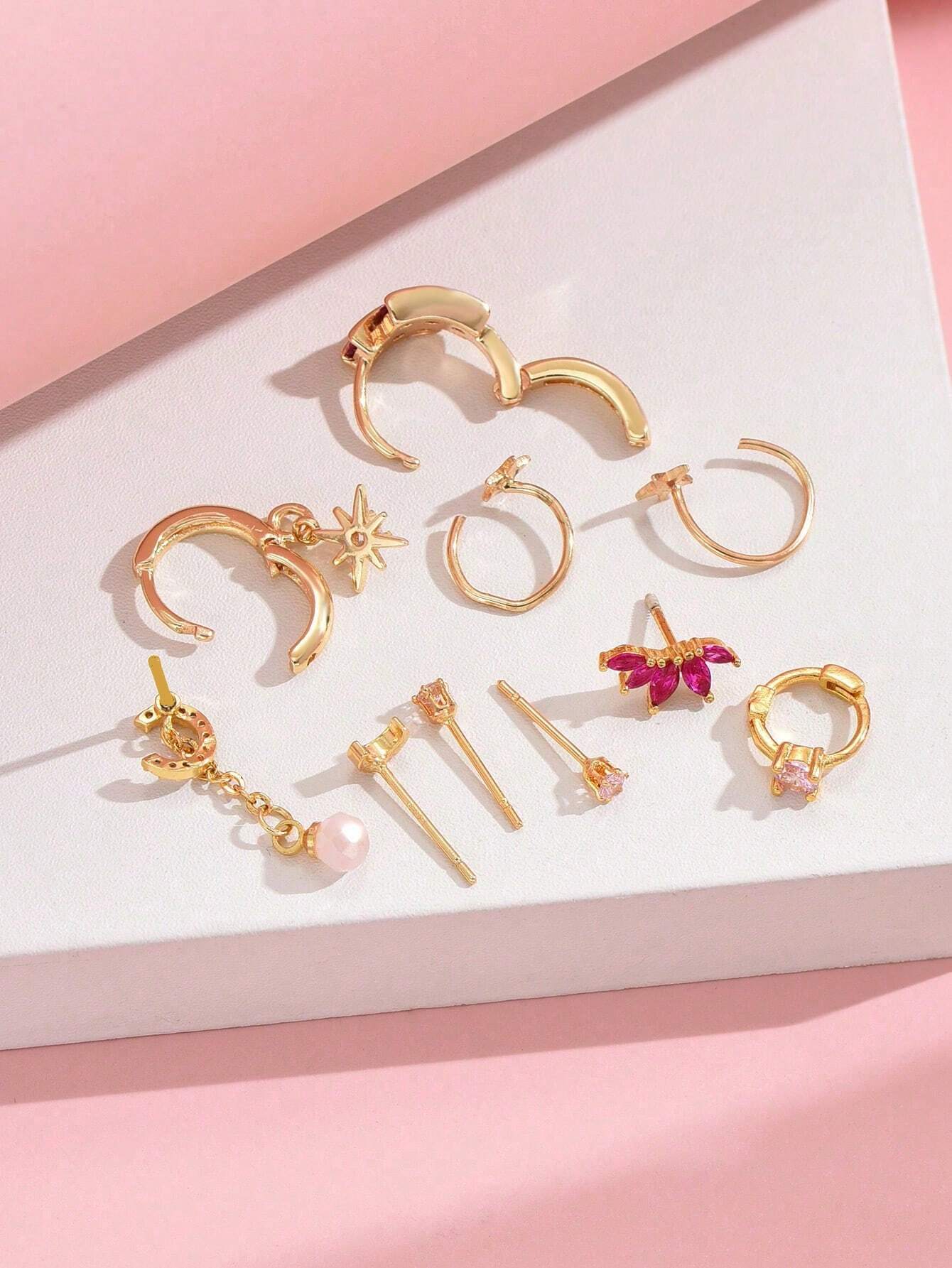 SHEIN 10pcs/Set Exquisite Rose Pink Earrings Including Studs - Image 4