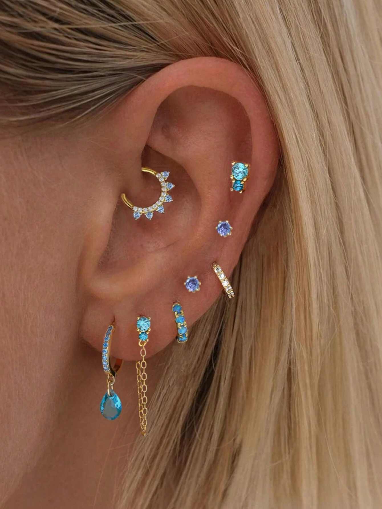 SHEIN 7pcs/set Blue-toned Sea Blue Cubic Zirconia Women's Delicate Earrings