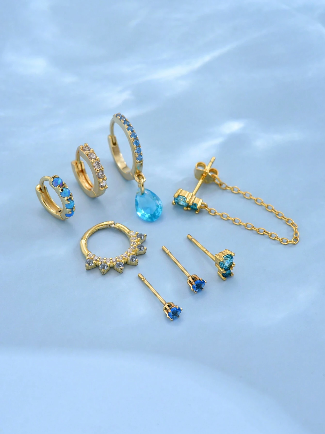 SHEIN 7pcs/set Blue-toned Sea Blue Cubic Zirconia Women's Delicate Earrings - Image 2