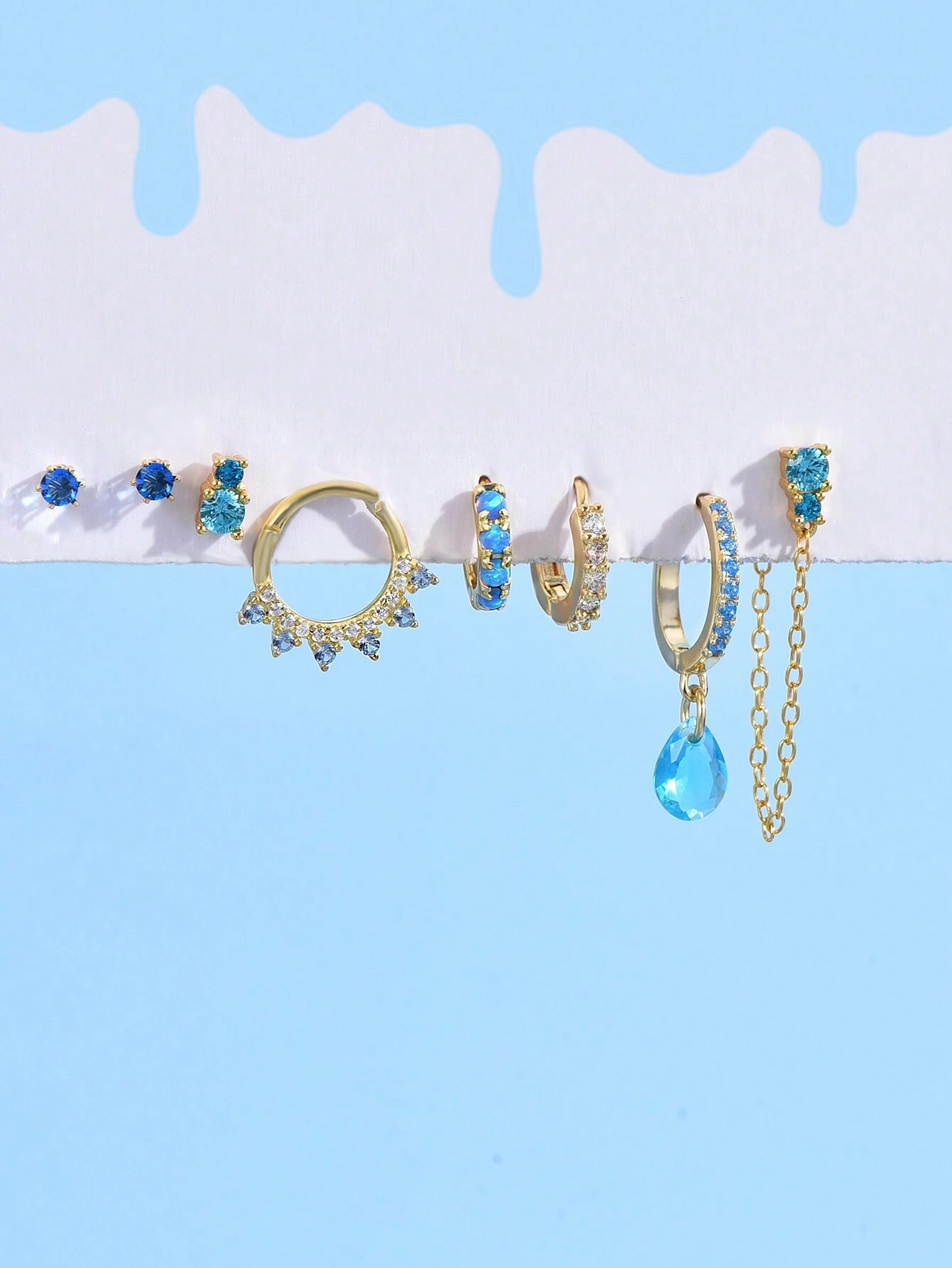 SHEIN 7pcs/set Blue-toned Sea Blue Cubic Zirconia Women's Delicate Earrings - Image 3