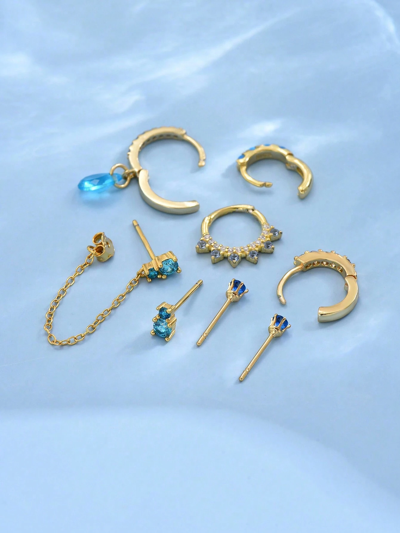 SHEIN 7pcs/set Blue-toned Sea Blue Cubic Zirconia Women's Delicate Earrings - Image 4