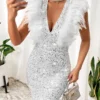 SHEIN BAE Fuzzy Trim Sequin Zip Back Bodycon Dress