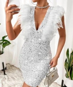 SHEIN BAE Fuzzy Trim Sequin Zip Back Bodycon Dress