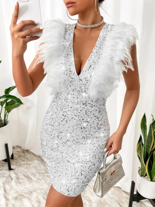 SHEIN BAE Fuzzy Trim Sequin Zip Back Bodycon Dress
