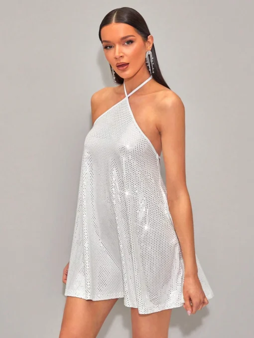 SHEIN BAE Tie Backless Sequin Halter Dress - Image 4