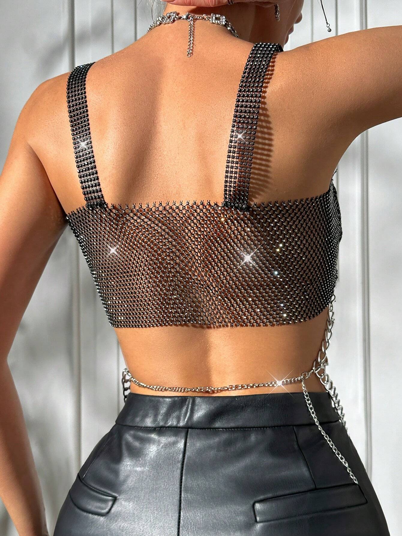 SHEIN BAE Women's Sexy Rhinestone Fishnet Chain Decorated Camisole, Summer - Image 2