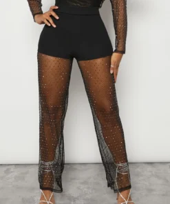 SHEIN Haute Rhinestone Dot Mesh Sheer Pants
