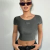 SHEIN ICON Women's Summer Y2K Night Out Crop Top With Back Cutout Design And Letter Print