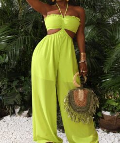 SHEIN Slayr Women's Hollow Out Waist Tie Neck Solid Color Jumpsuit For Casual Wear