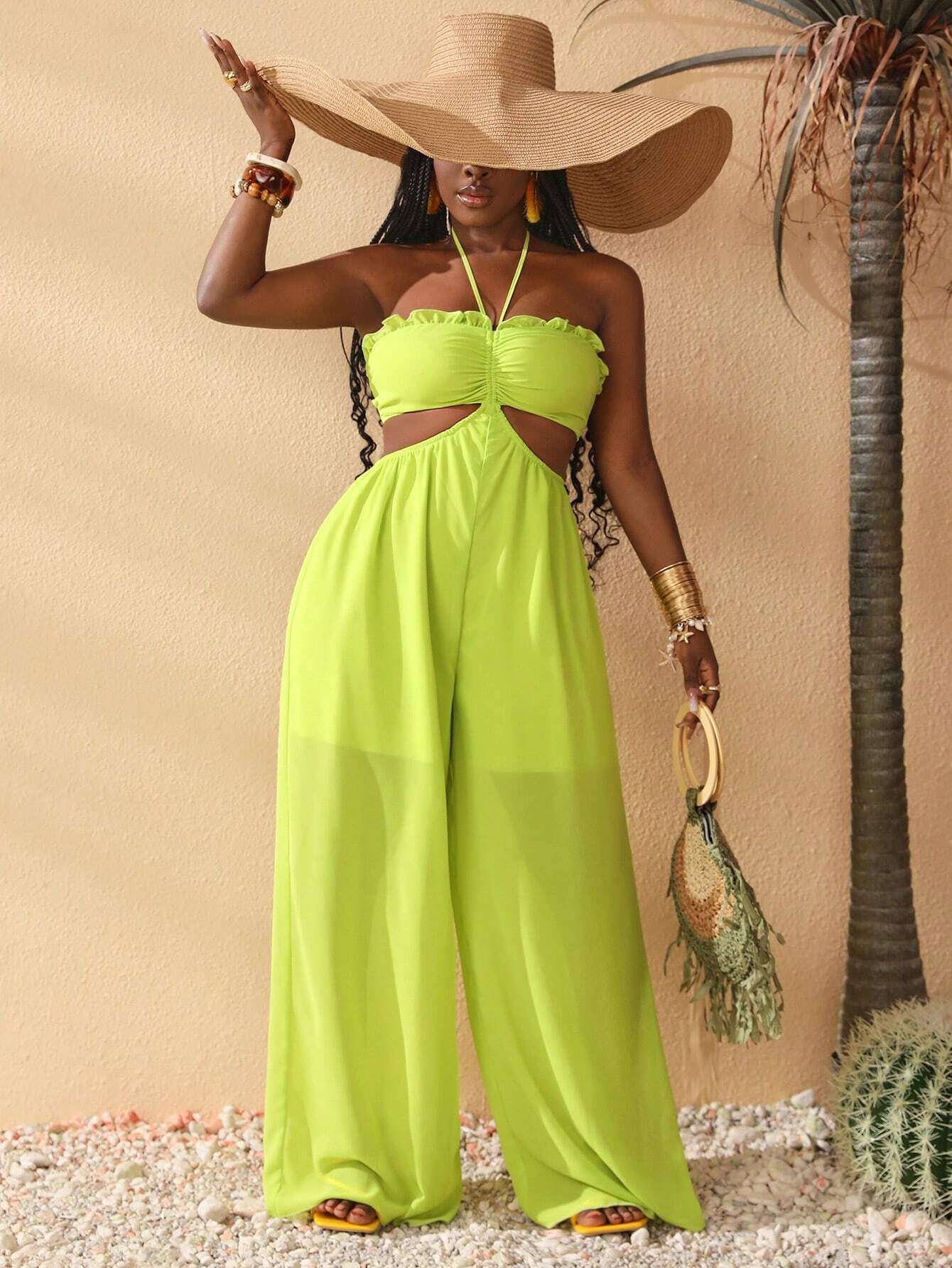 SHEIN Slayr Women's Hollow Out Waist Tie Neck Solid Color Jumpsuit For Casual Wear - Image 3