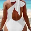 SHEIN Swim Cut-Out Knot One Shoulder One Piece Swimsuit,Summer Beach