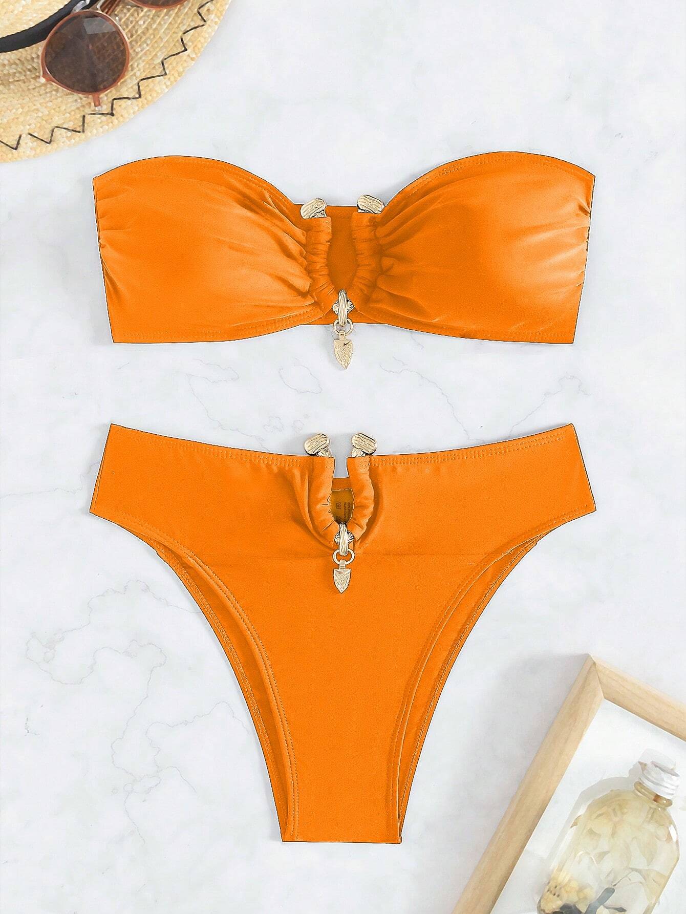 SHEIN Swim Metallic Decoration Solid Bandeau Bikini Set For Holiday, Summer Beach Bathing Suit - Image 3