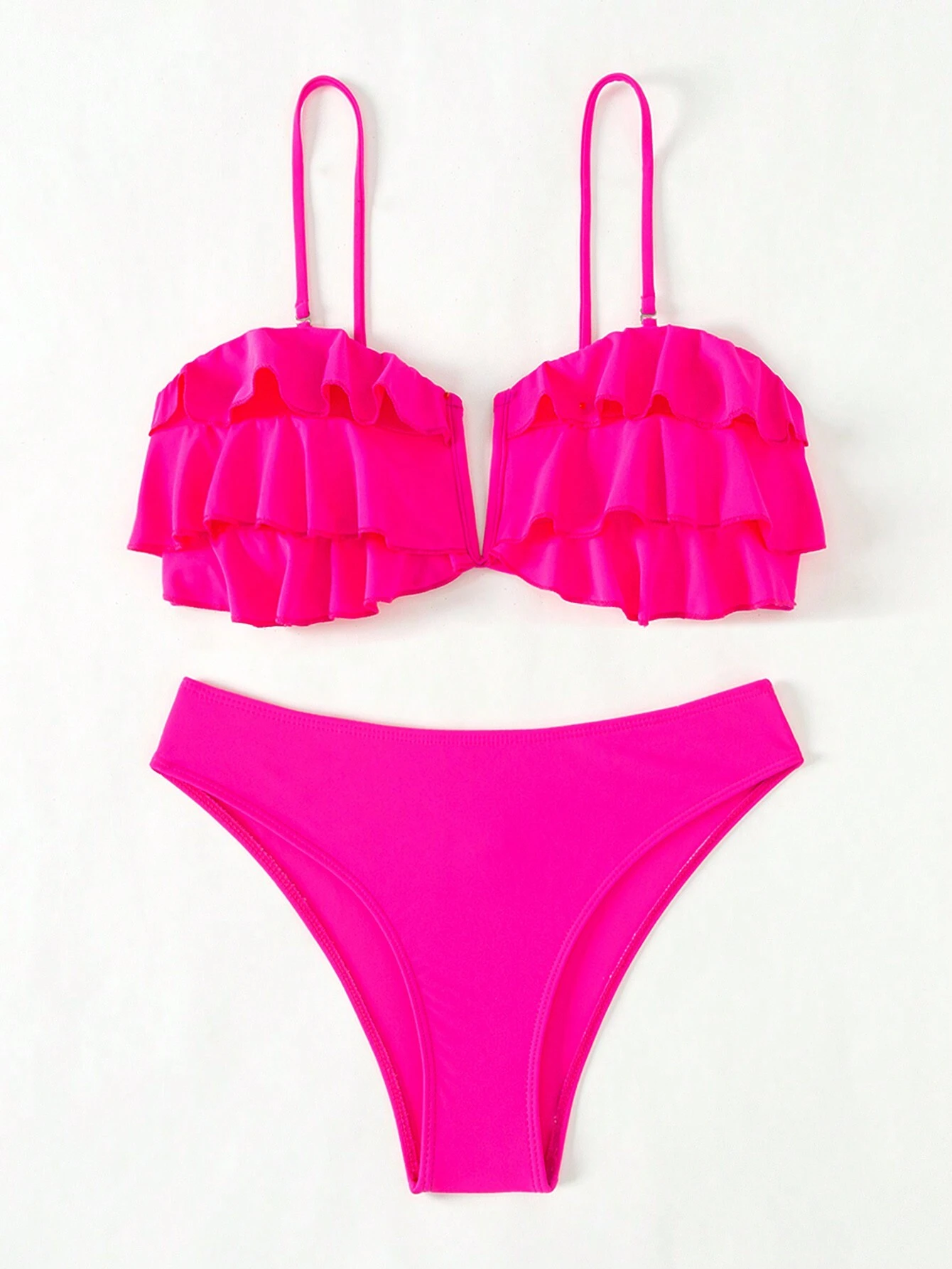 SHEIN Swim Mod Women Summer Beach Solid Ruffle Trim Removable Spaghetti Strap Bikini Set - Image 3