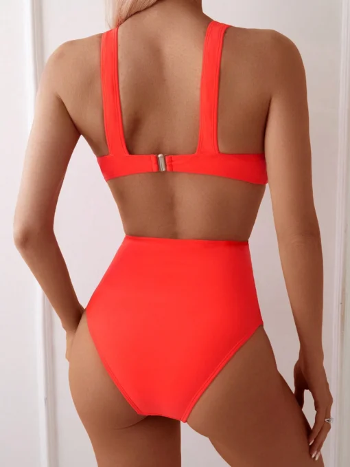 SHEIN Swim SXY Women's Solid Color Red Simple Daily One-Piece Swimsuit, Summer Beach - Image 2