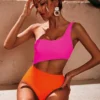 SHEIN Swim Vcay Summer Beach Two Tone Cut Out One Shoulder One Piece Swimsuit, Bathing Suit